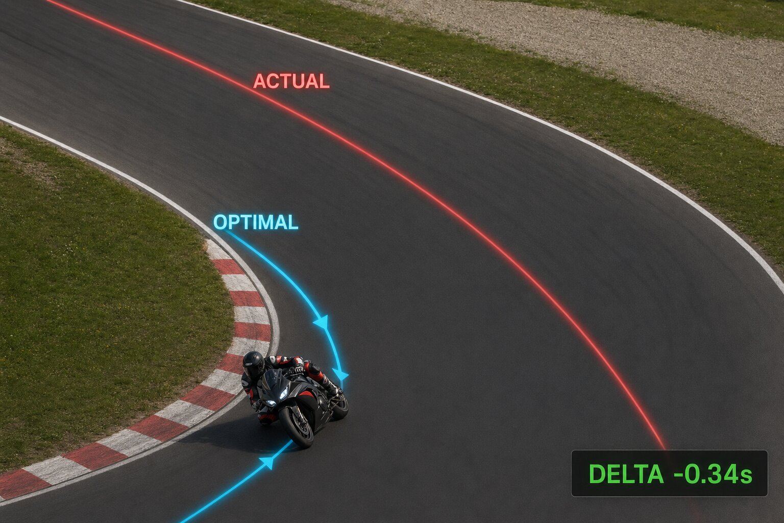 Aerial view of rider cornering with inefficient outside line shown against tighter optimal apex line
