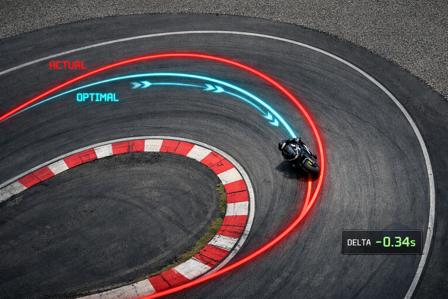 Rider cornering with inefficient line shown against optimal line