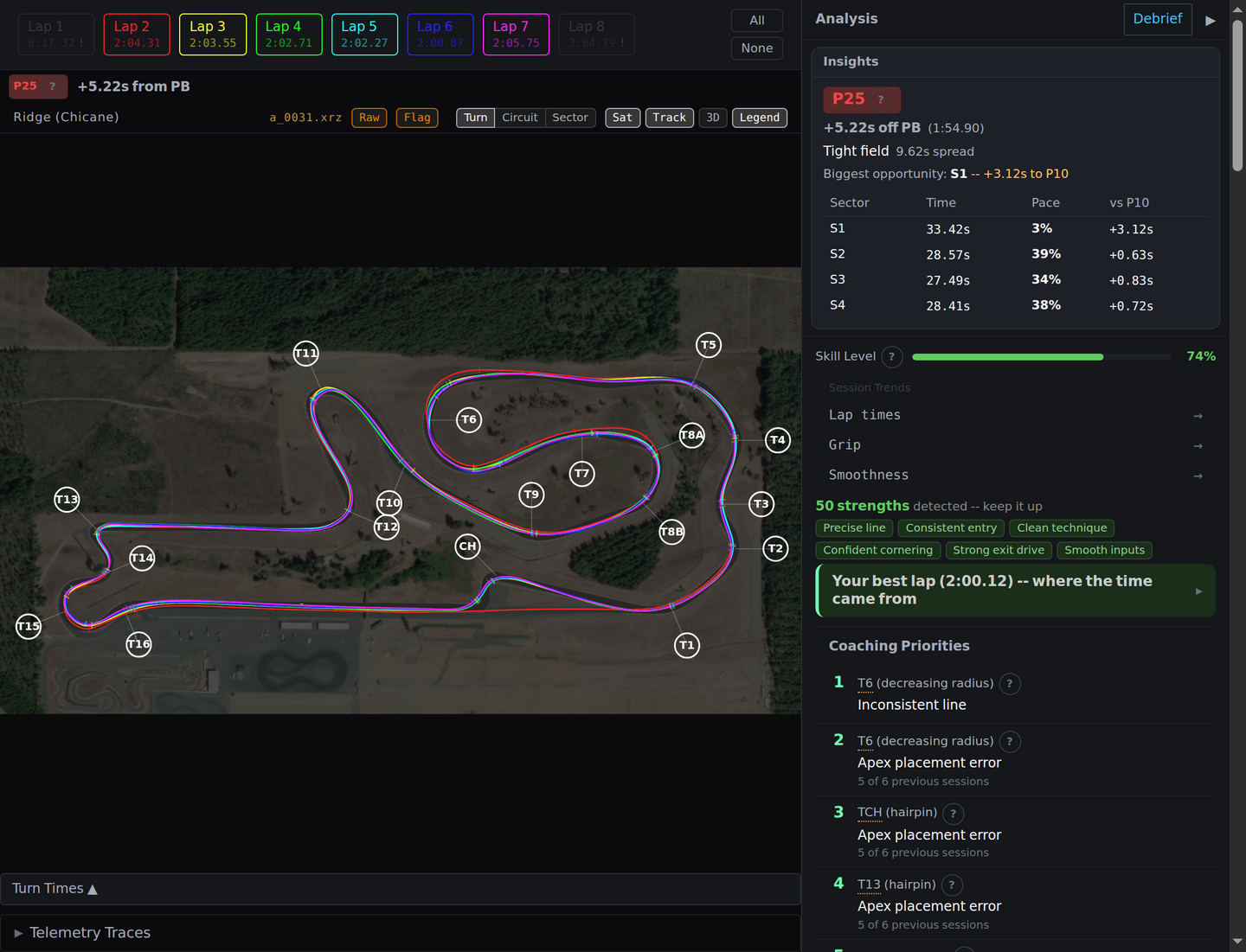 LapBrain consistency charts showing lap-to-lap variability in speed and apex position